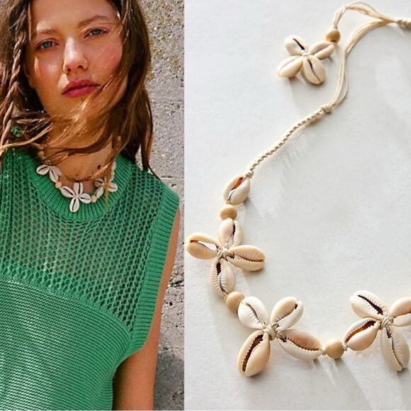 Free People Happy Days Shell Necklace NWT Neutral Bohemian Beach Choker Summer - Picture 1 of 16